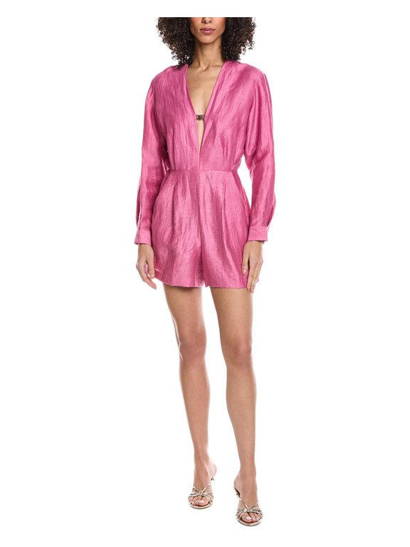 womens Linen-Blend V-Neck Romper, 34, Pink