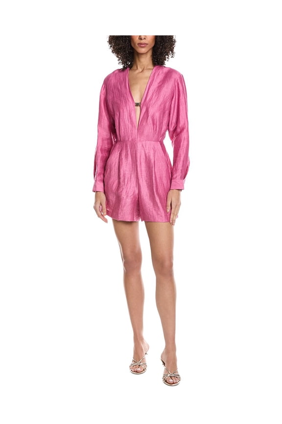 womens  Linen-Blend V-Neck Romper, 36, Pink