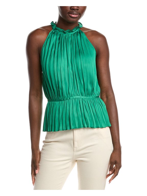 womens Pleated Satin Top, T2, Green
