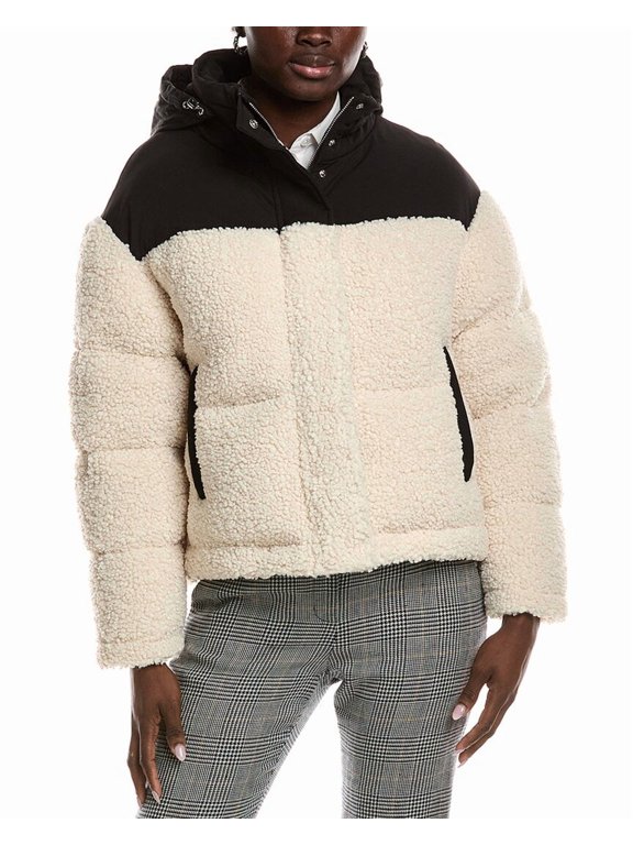 womens Teddy Fleece Puffer Coat, 1, White