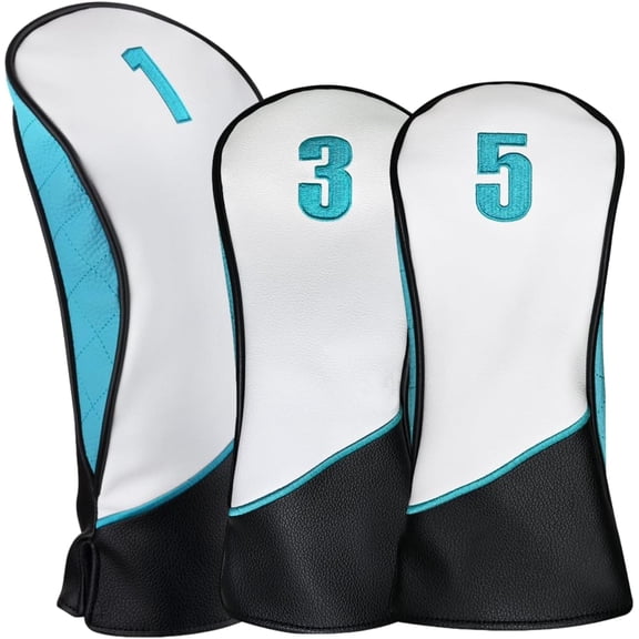 Majek #1/3/5 Golf Premium Protective Teal White and Black Head Covers 460cc #1 Driver + #3#5 Fairway Metal Woods Set Fits for Most Brands