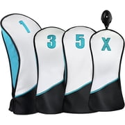 Majek #1/3/5/X Golf Premium Protective Teal White and Black Head Covers 460cc #1 Driver + Fairway Metal Woods Set #3#5 +#X with Adjustrable Wheel Tag Fits for Most Brands