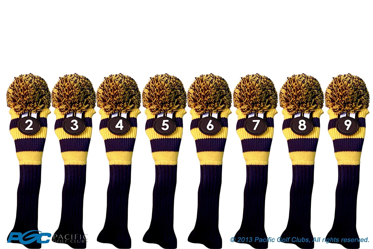 Majek #2, 3, 4, 5, 6, 7, 8, 9 Hybrid Combo Pack Rescue Utility Blue & Yellow Golf Headcover Knit Pom Pom Retro Classic Vintage Head Cover