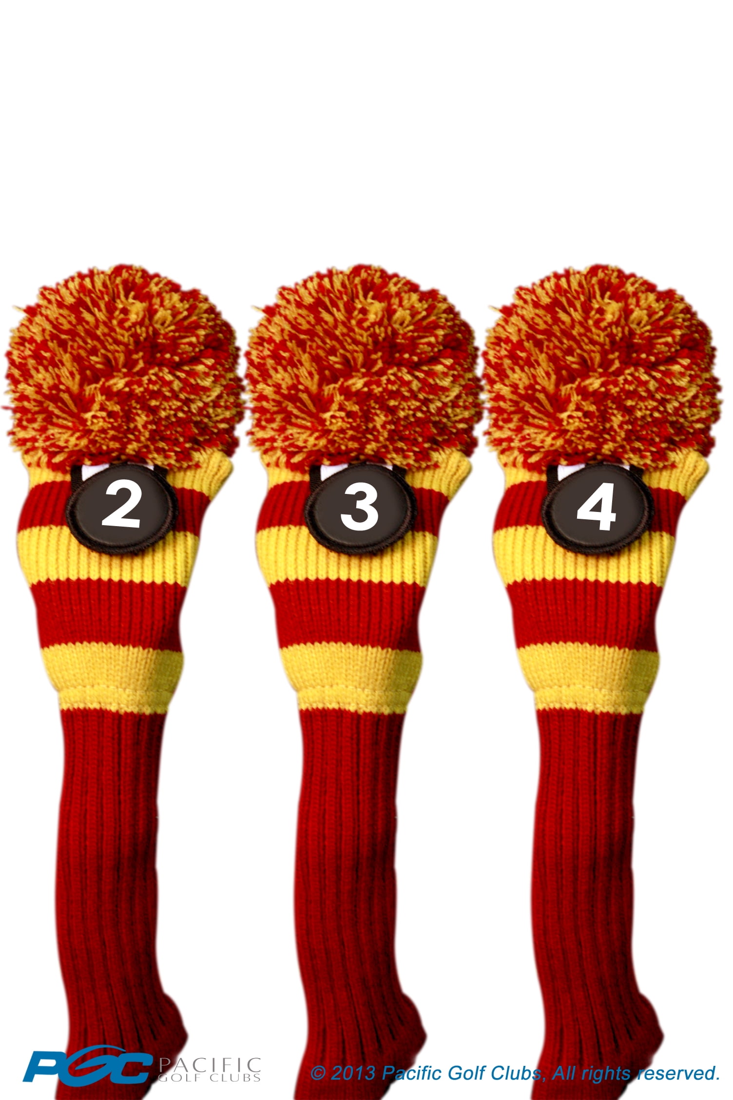 Majek #2, 3, 4 Hybrid Combo Pack Rescue Utility Red & Yellow Golf Headcover Knit Pom Pom Retro Classic Vintage Head Cover