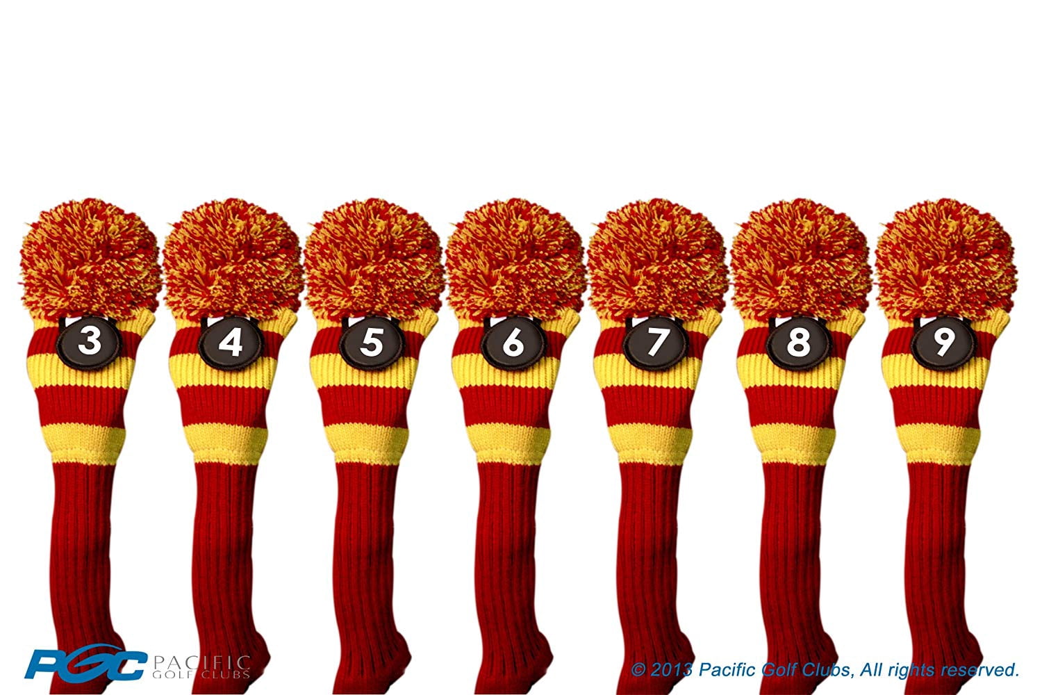 Majek #3, 4, 5, 6, 7, 8, 9 Hybrid Combo Pack Rescue Utility Red & Yellow Golf Headcover Knit Pom Pom Retro Classic Vintage Head Cover