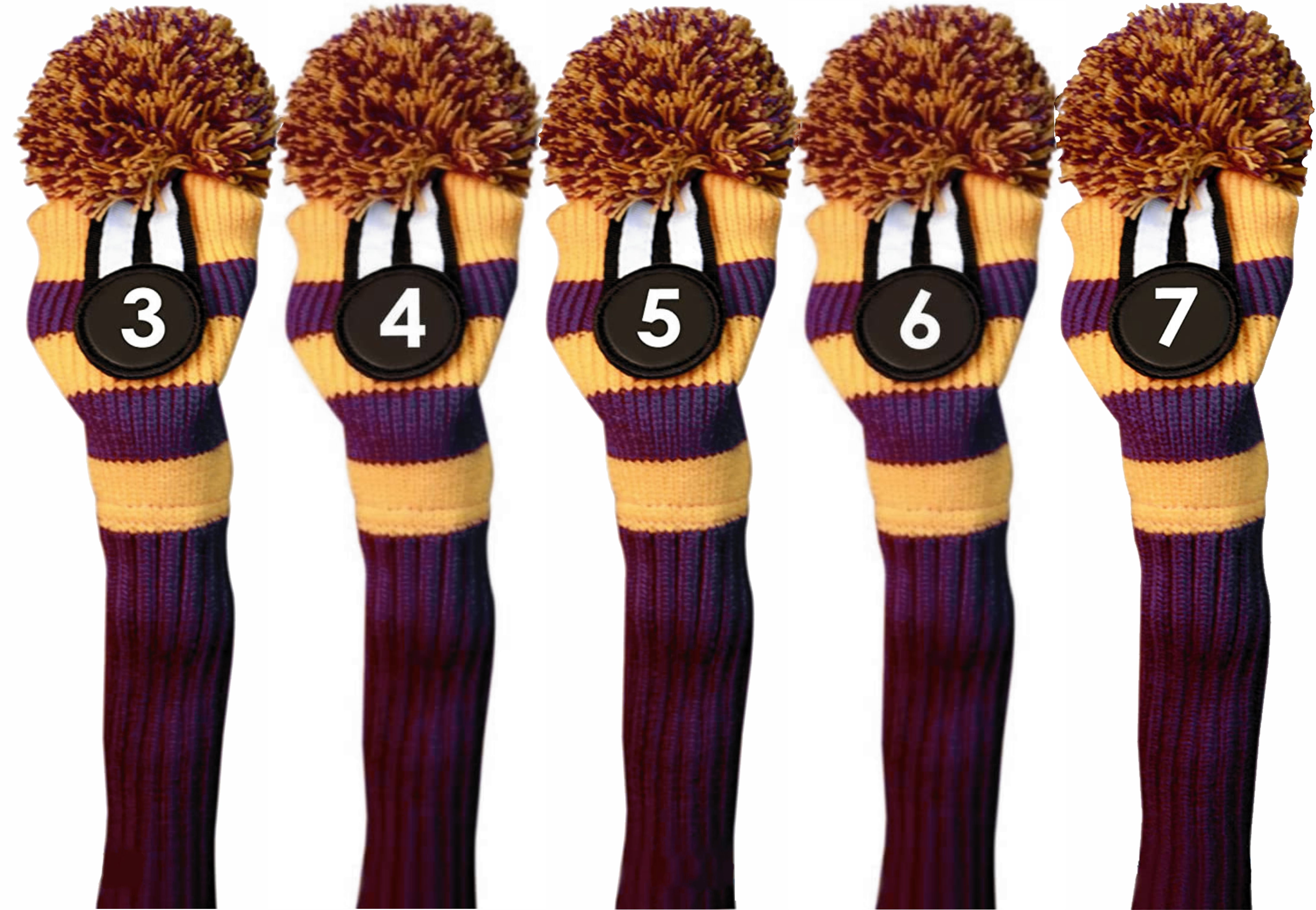 Majek #3, 4, 5, 6, & 7 Hybrid Combo Pack Rescue Utility Purple & Yellow Golf Headcover Knit Pom Pom Retro Classic Vintage Head Cover