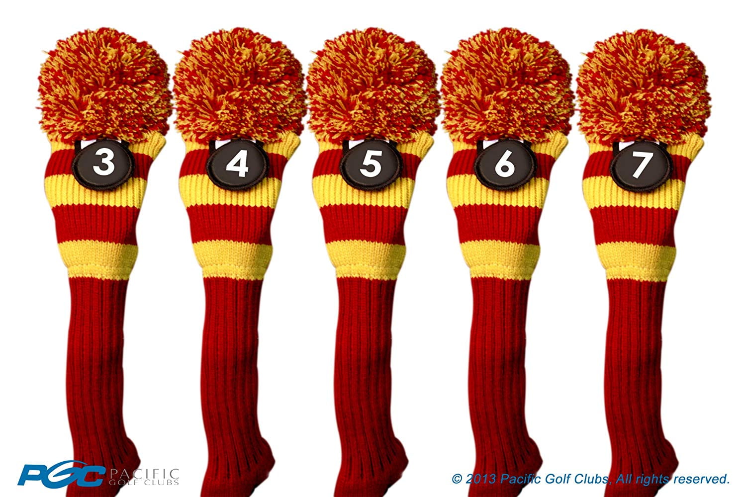 Majek #3, 4, 5, 6, & 7 Hybrid Combo Pack Rescue Utility Red & Yellow Golf Headcover Knit Pom Pom Retro Classic Vintage Head Cover