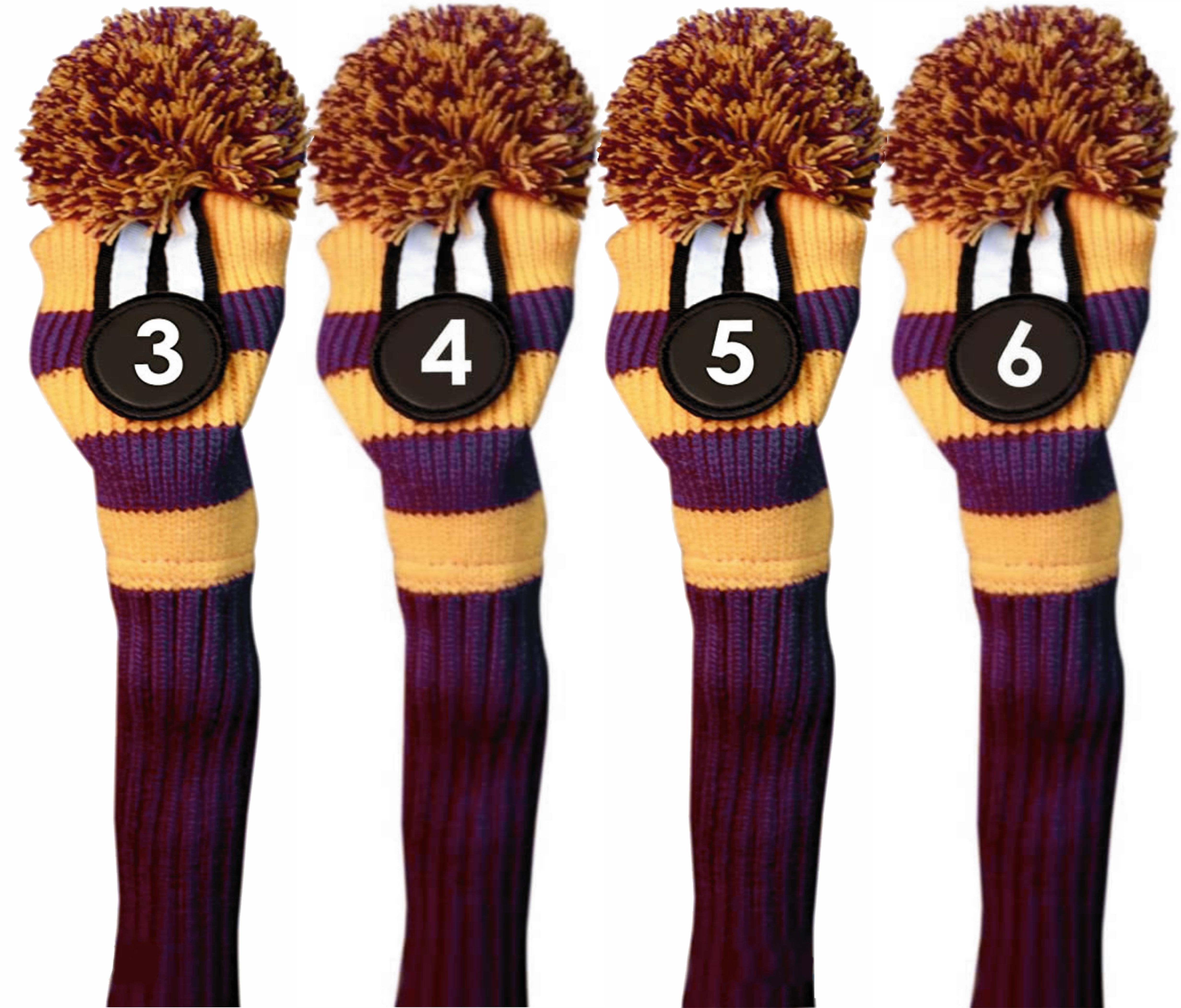Majek #3, 4, 5, & 6 Hybrid Combo Pack Rescue Utility Purple & Yellow Golf Headcover Knit Pom Pom Retro Classic Vintage Head Cover