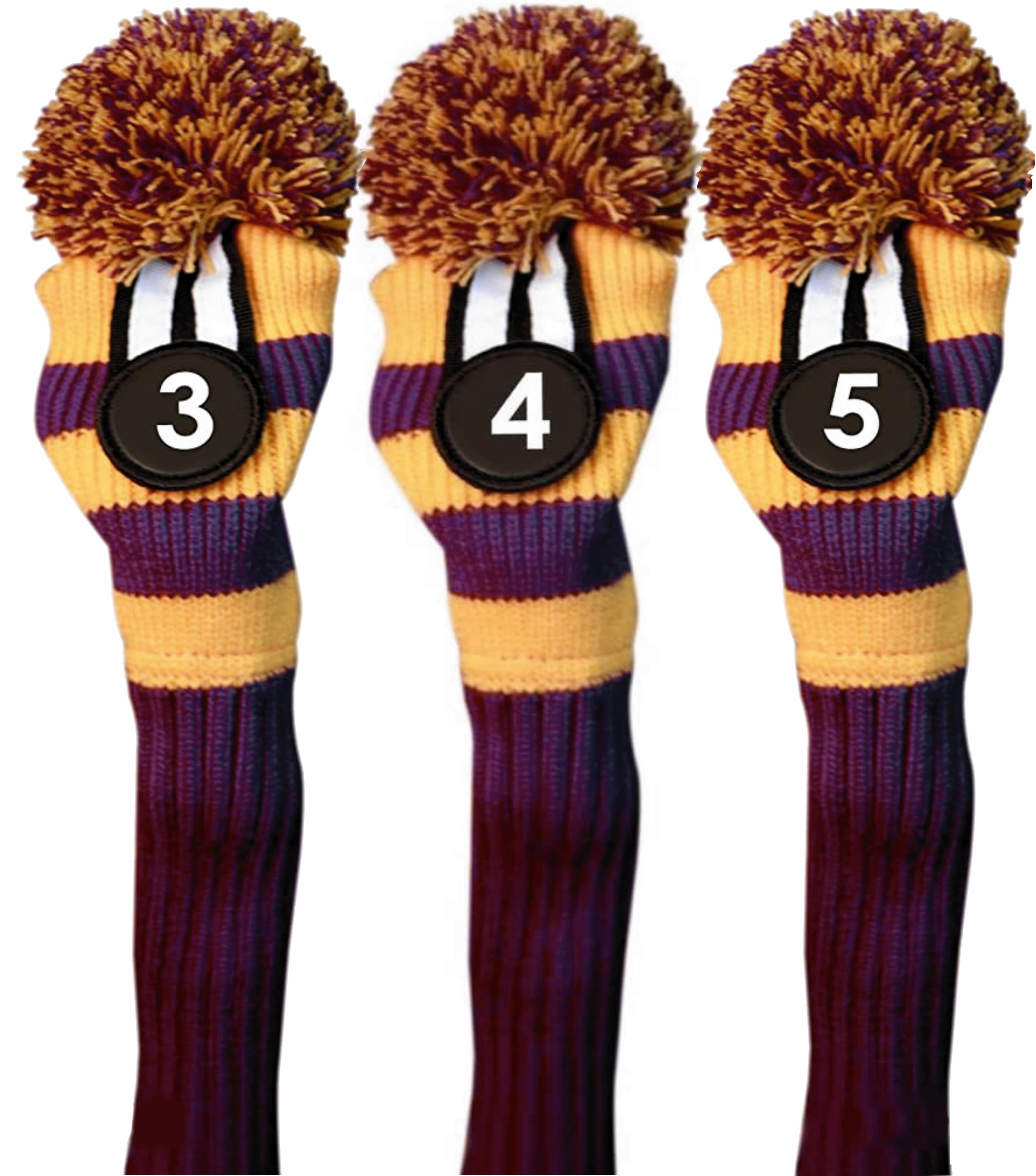 Majek #3, #4, & #5 Hybrid Combo Pack Rescue Utility Purple & Yellow Golf Headcover Knit Pom Pom Retro Classic Vintage Head Cover