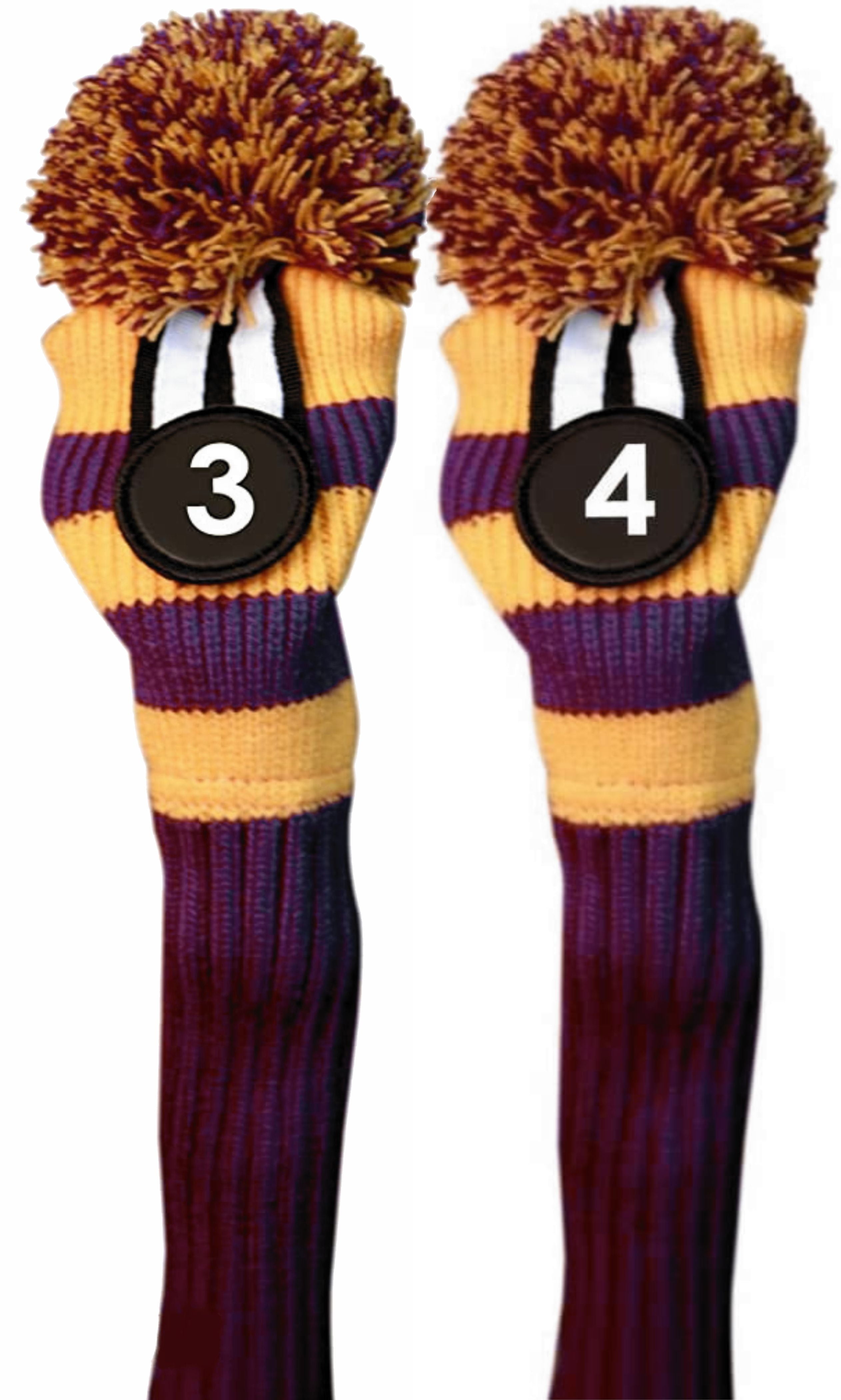 Majek #3 & #4 Hybrid Combo Pack Rescue Utility Purple & Yellow Golf Headcover Knit Pom Pom Retro Classic Vintage Head Cover