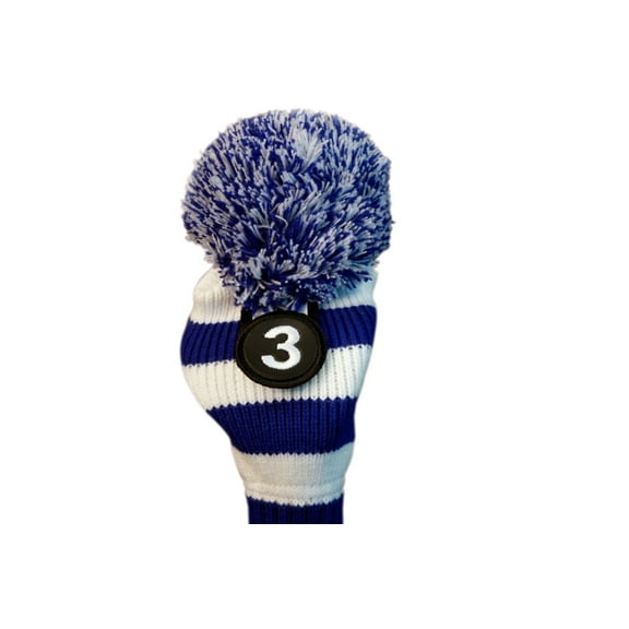 Majek #3 Fairway Metal Wood Blue & White Golf Headcover Knit Pom Pom Retro Classic Vintage Head Cover