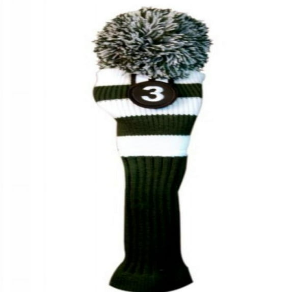 Majek #3 Fairway Metal Wood Green & White Golf Headcover Knit Pom Pom Retro Classic Vintage Head Cover