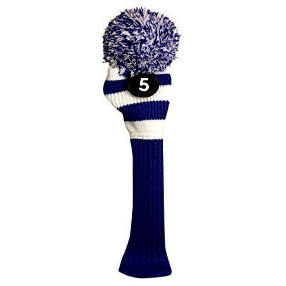 Majek #5 Fairway Metal Wood Blue & White Golf Headcover Knit Pom Pom Retro Classic Vintage Head Cover