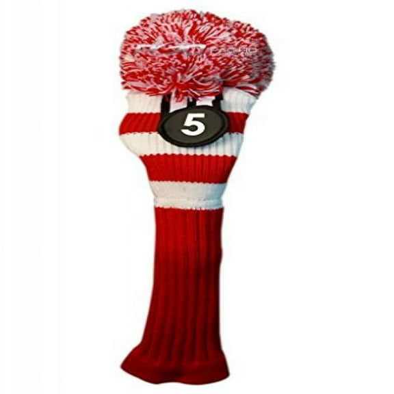 Majek #5 Fairway Metal Wood Red & White Golf Headcover Knit Pom Pom Retro Classic Vintage Head Cover