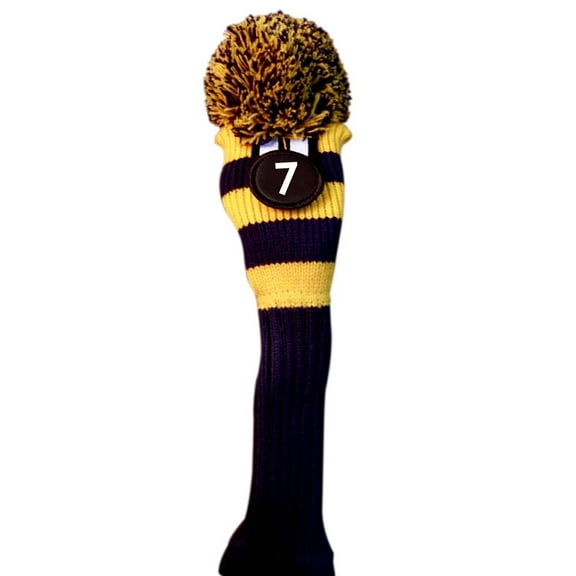 Majek #7 Hybrid Rescue Utility Blue & Yellow Golf Headcover Knit Pom Pom Retro Classic Vintage Head Cover