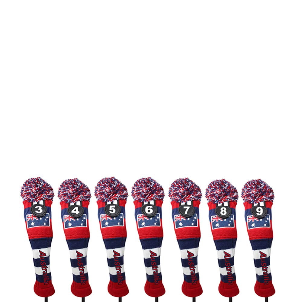 Majek Golf Australia 3 4 5 6 7 8 9 Hybrid Set Headcovers Pom Pom Knit Limited Edition Vintage Classic Traditional Flag Retro Head Cover 3-9 Set