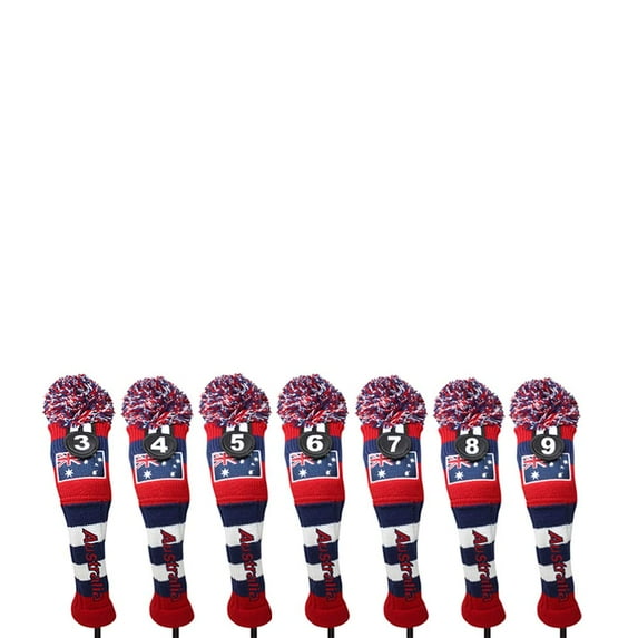 Majek Golf Australia 3 4 5 6 7 8 9 Hybrid Set Headcovers Pom Pom Knit Limited Edition Vintage Classic Traditional Flag Retro Head Cover 3-9 Set