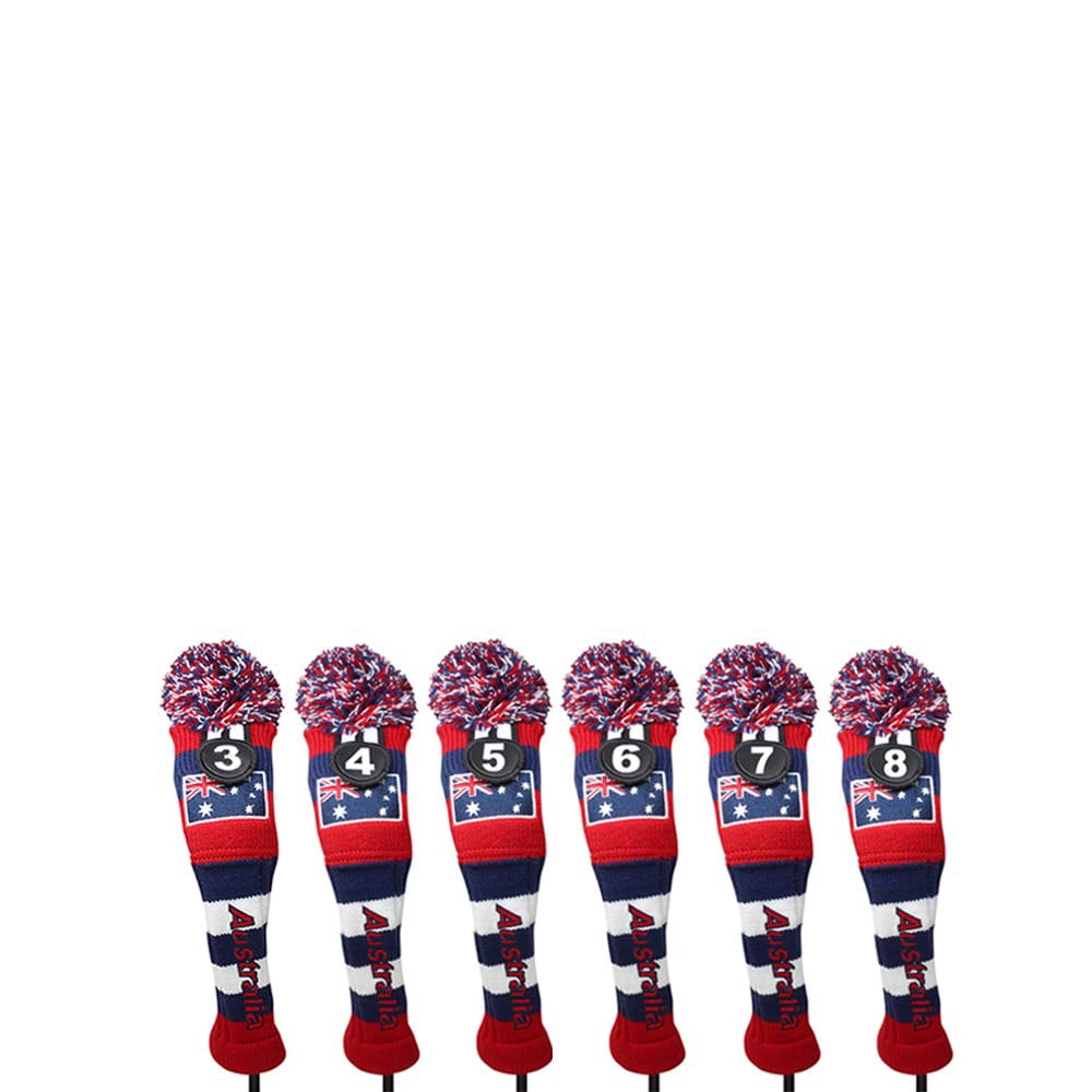 Majek Golf Australia 3 4 5 6 7 8 Hybrid Set Headcovers Pom Pom Knit Limited Edition Vintage Classic Traditional Flag Retro Head Cover 3-8 Set