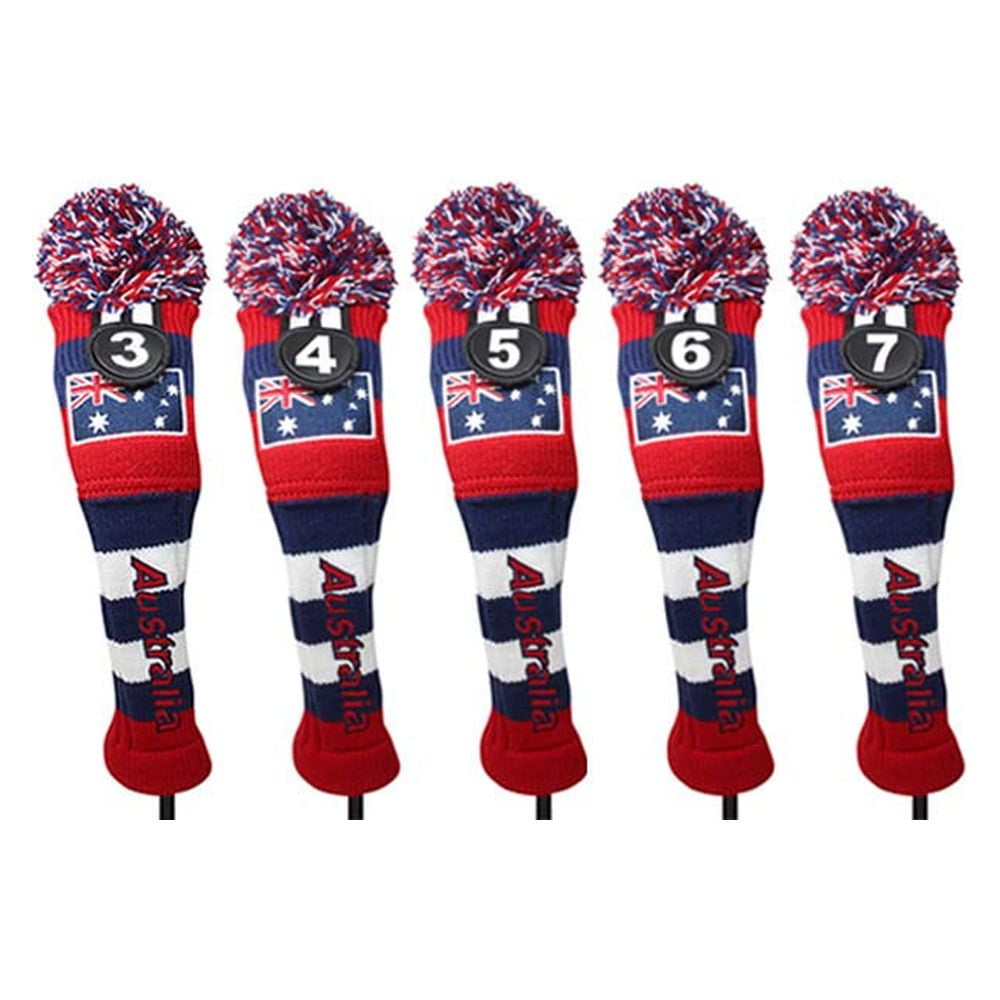 Majek Golf Australia 3 4 5 6 7 Hybrid Set Headcovers Pom Pom Knit Limited Edition Vintage Classic Traditional Flag Retro Head Cover 3-7 Set