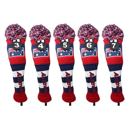 Majek Golf Australia 3 4 5 6 7 Hybrid Set Headcovers Pom Pom Knit Limited Edition Vintage Classic Traditional Flag Retro Head Cover 3-7 Set
