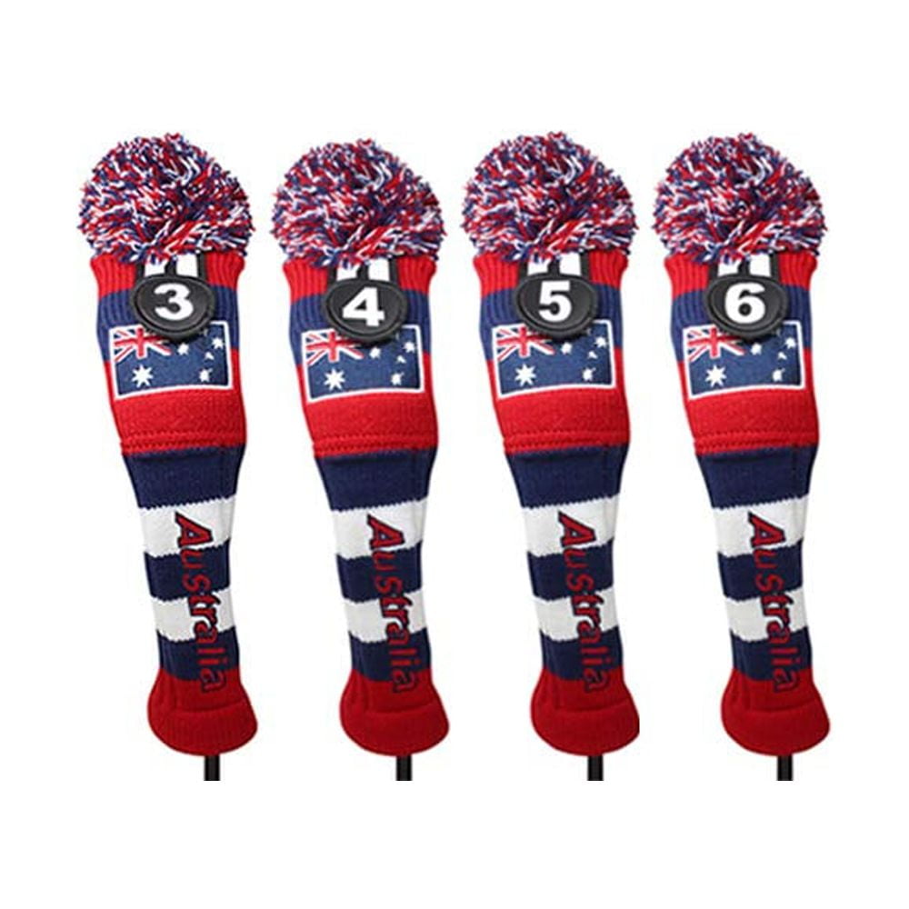 Majek Golf Australia 3 4 5 6 Hybrid Set Headcovers Pom Pom Knit Limited Edition Vintage Classic Traditional Flag Retro Head Cover 3-6 Set