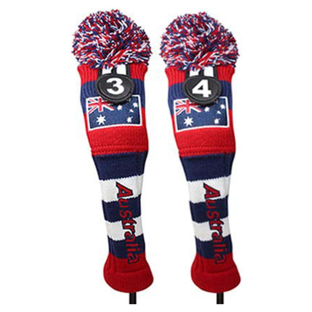 Majek Golf Australia 3 & 4 Hybrid Headcovers Pom Pom Knit Limited Edition Vintage Classic Traditional Flag Retro Head Cover