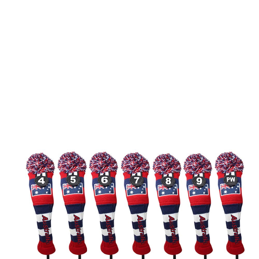 Majek Golf Australia 4 5 6 7 8 9 PW Hybrid Set Headcovers Pom Pom Knit Limited Edition Vintage Classic Traditional Flag Retro Head Cover 4-PW Set