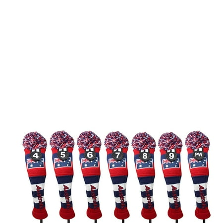 Majek Golf Australia 4 5 6 7 8 9 PW Hybrid Set Headcovers Pom Pom Knit Limited Edition Vintage Classic Traditional Flag Retro Head Cover 4-PW Set