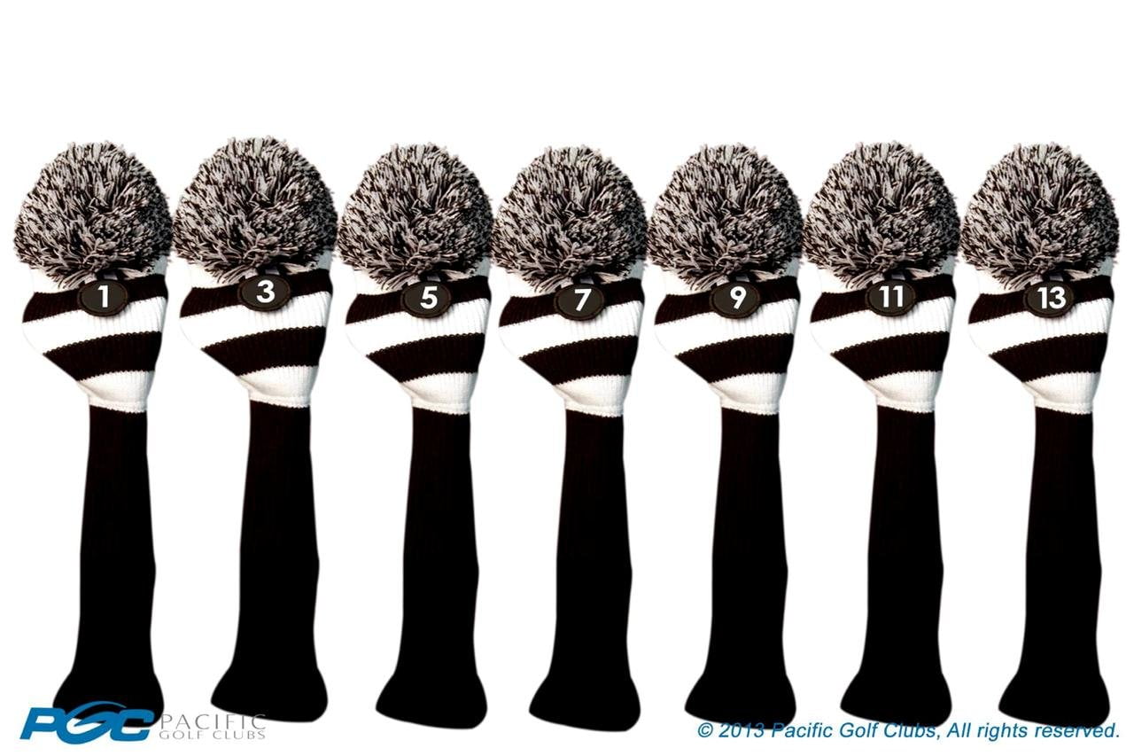 Majek Golf Club 1 3 5 7 9 11 13 White and Black Limited Edition Driver and Fairway Wood Head Covers Fits 460cc Drivers Tour Knit Retro Vintage Pom Classic Long Neck Metal Longneck Woods Headcovers