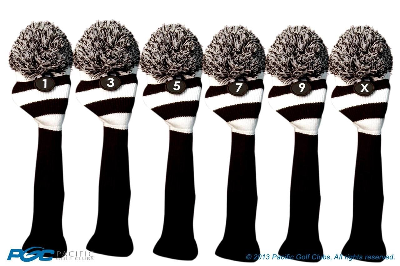 Majek Golf Club 1 3 5 7 9 X White and Black Limited Edition Driver and Fairway Wood Head Covers Fits 460cc Drivers Tour Knit Retro Vintage Pom Classic Long Neck Metal Longneck Woods Headcovers