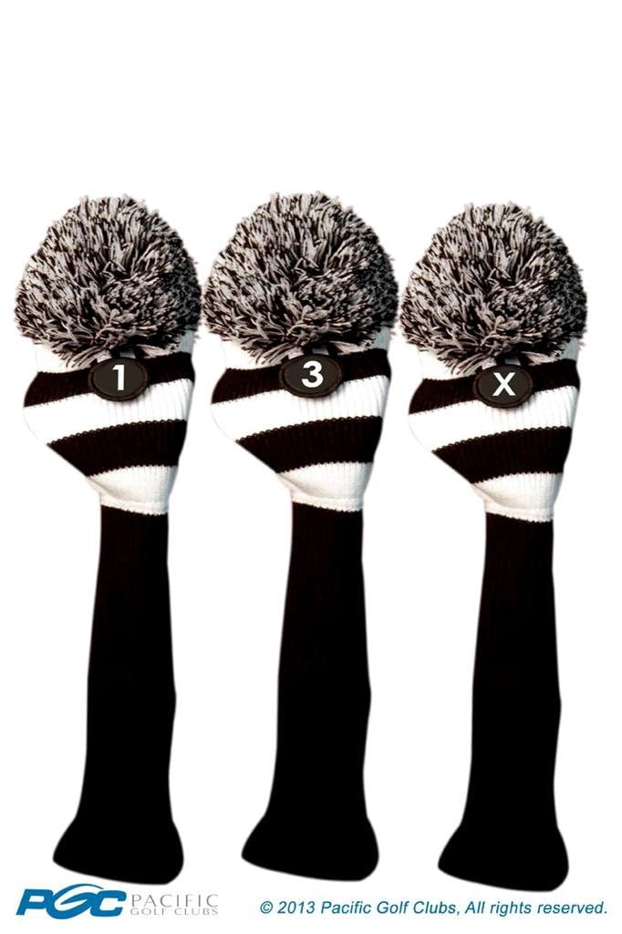 Majek Golf Club 1 3 X White and Black Limited Edition Driver and Fairway Wood Head Covers Fits 460cc Drivers Tour Knit Retro Vintage Pom Classic Long Neck Metal Longneck Woods Headcovers