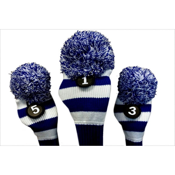 Majek Golf Club Head Covers: Blue & White Knit Retro Vintage Stripe Pom Pom Throwback Classic 460cc Driver Fairway Metal Wood Headcovers