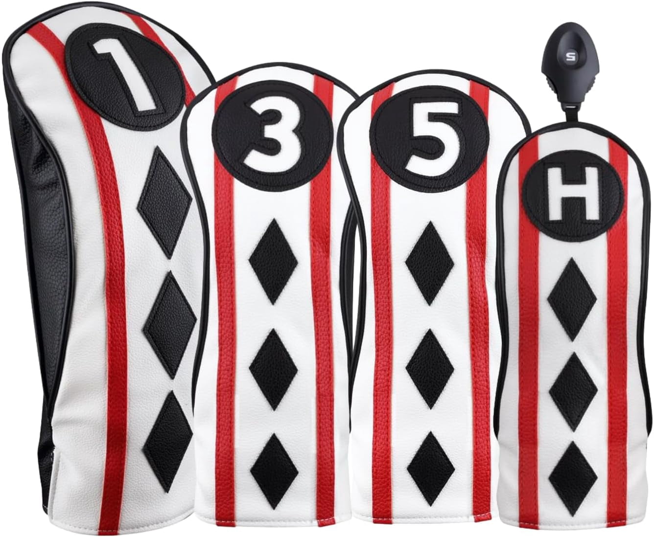 Majek Golf Clubs Club Premium Poker Diamond Protective Hand Made Black Red White Head Covers 460cc #1 Driver Fairway Metal Woods #3#5 +#H Utility Hybrid Cover with Adjustrable Wheel Tag Cover Set