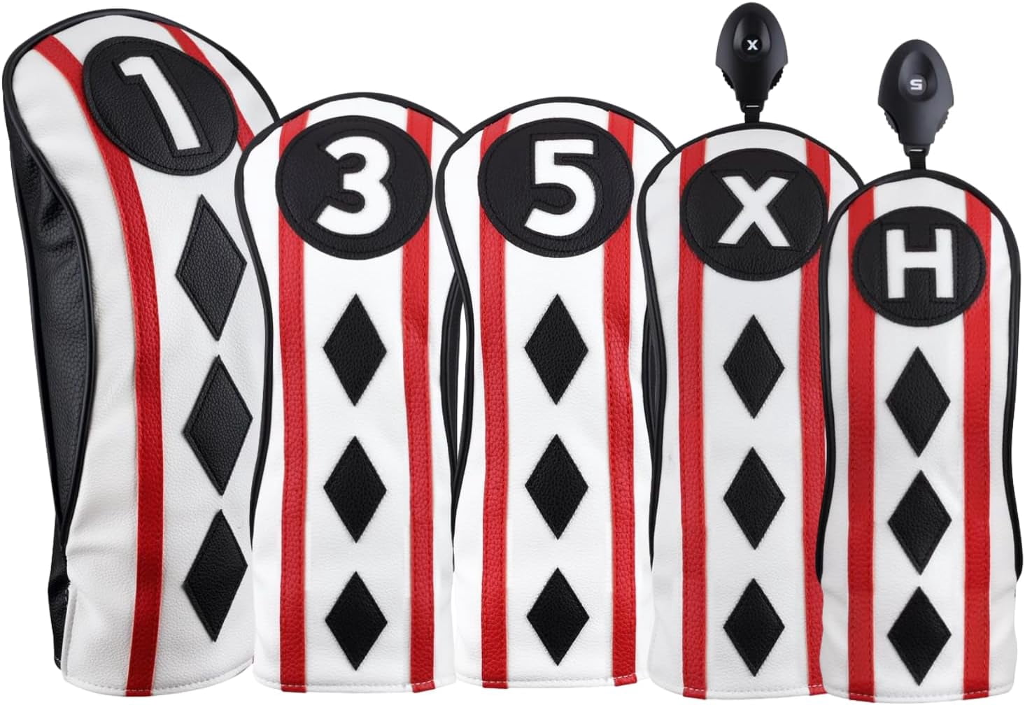 Majek Golf Clubs Premium Poker Diamond Protective Hand Made Black Red White Head Covers 460cc #1 Driver Fairway Metal Woods #3#5 +#X with Wheel Tag #H Utility Hybrid Cover with Wheel Tag Cover Set