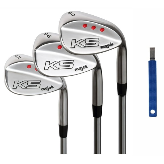 Majek Golf Men's Complete Wedge Set: 52 Gap Wedge (GW), 56 Sand Wedge (SW), 60 Lob Wedge (LW) Right Handed Regular Flex Steel Shaft. + Free Wedge Groove Sharpener (Blue)