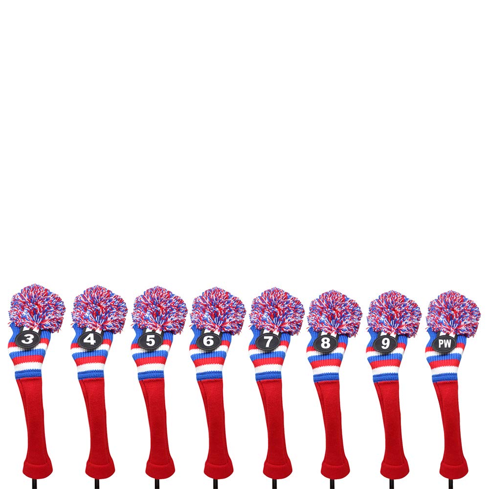 Majek Golf Red White Blue 3 4 5 6 7 8 9 PW Hybrid Set Headcovers Pom Pom Knit Limited Edition Vintage Classic Traditional Flag Retro Head Cover 3-PW Set