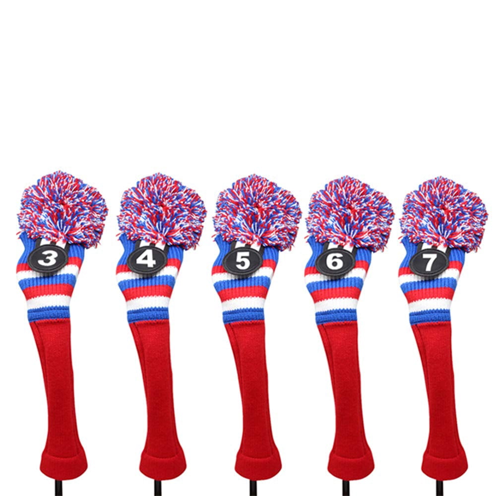 Majek Golf Red White Blue 3 4 5 6 7 Hybrid Set Headcovers Pom Pom Knit Limited Edition Vintage Classic Traditional Flag Retro Head Cover 3-7 Set