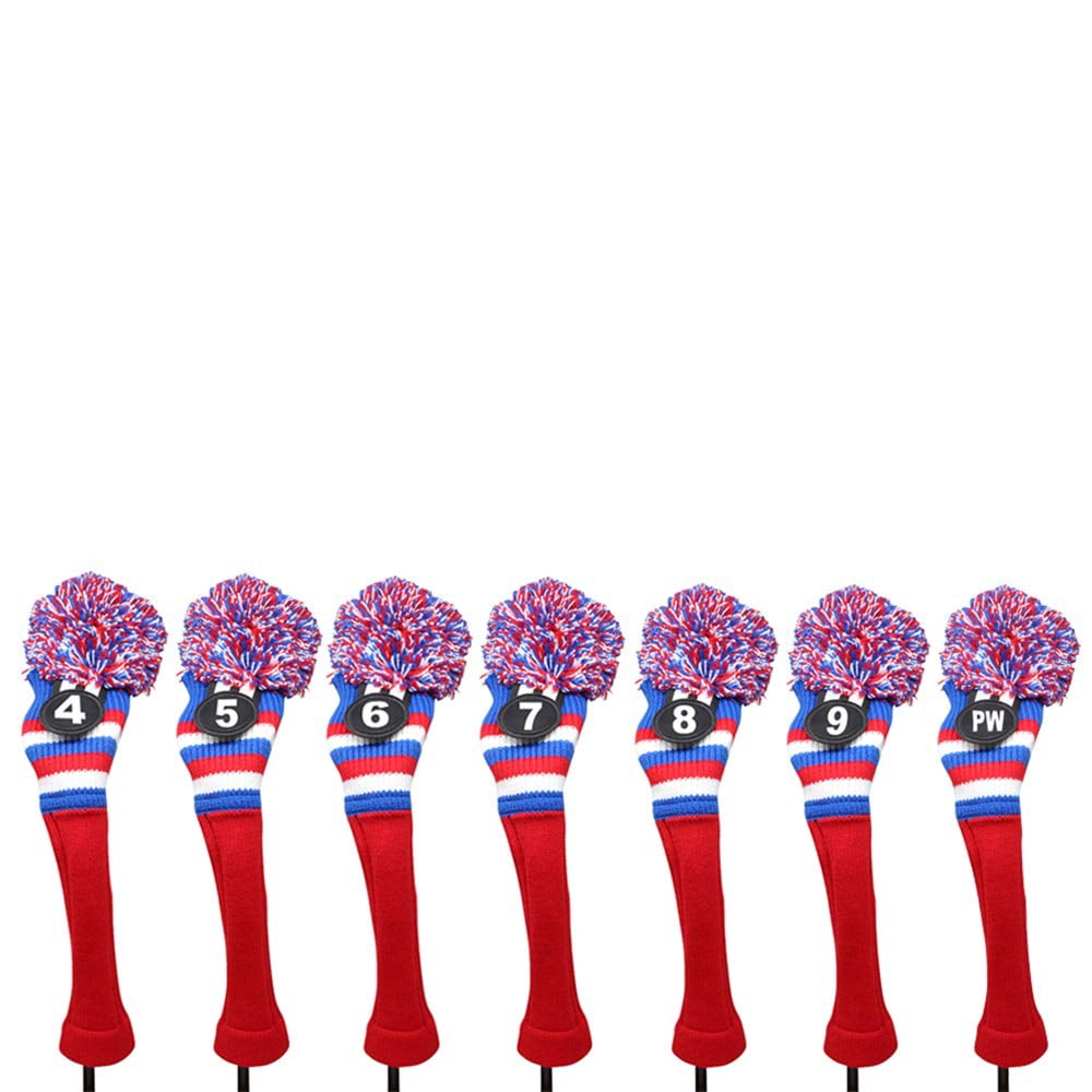 Majek Golf Red White Blue 4 5 6 7 8 9 PW Hybrid Set Headcovers Pom Pom Knit Limited Edition Vintage Classic Traditional Flag Retro Head Cover 4-PW Set