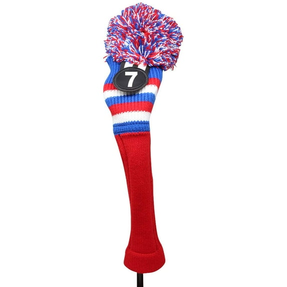 Majek Golf Red White Blue #7 Hybrid Golf Pom Pom Knit Rescue Utility Club Head Cover