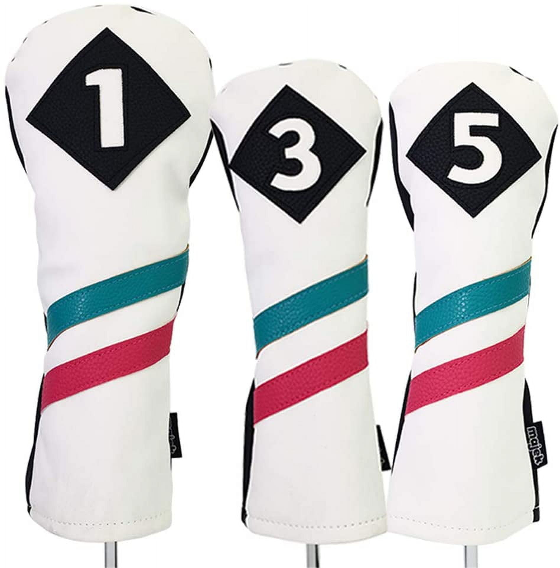 Majek Golf Vintage Headcovers White Seafoam Teal Pink Stripe Premium Retro Leather Style 1 3 5 Driver and Fairway Head Covers Fits 460cc Drivers and All Modern Metal Woods Custom Design in California