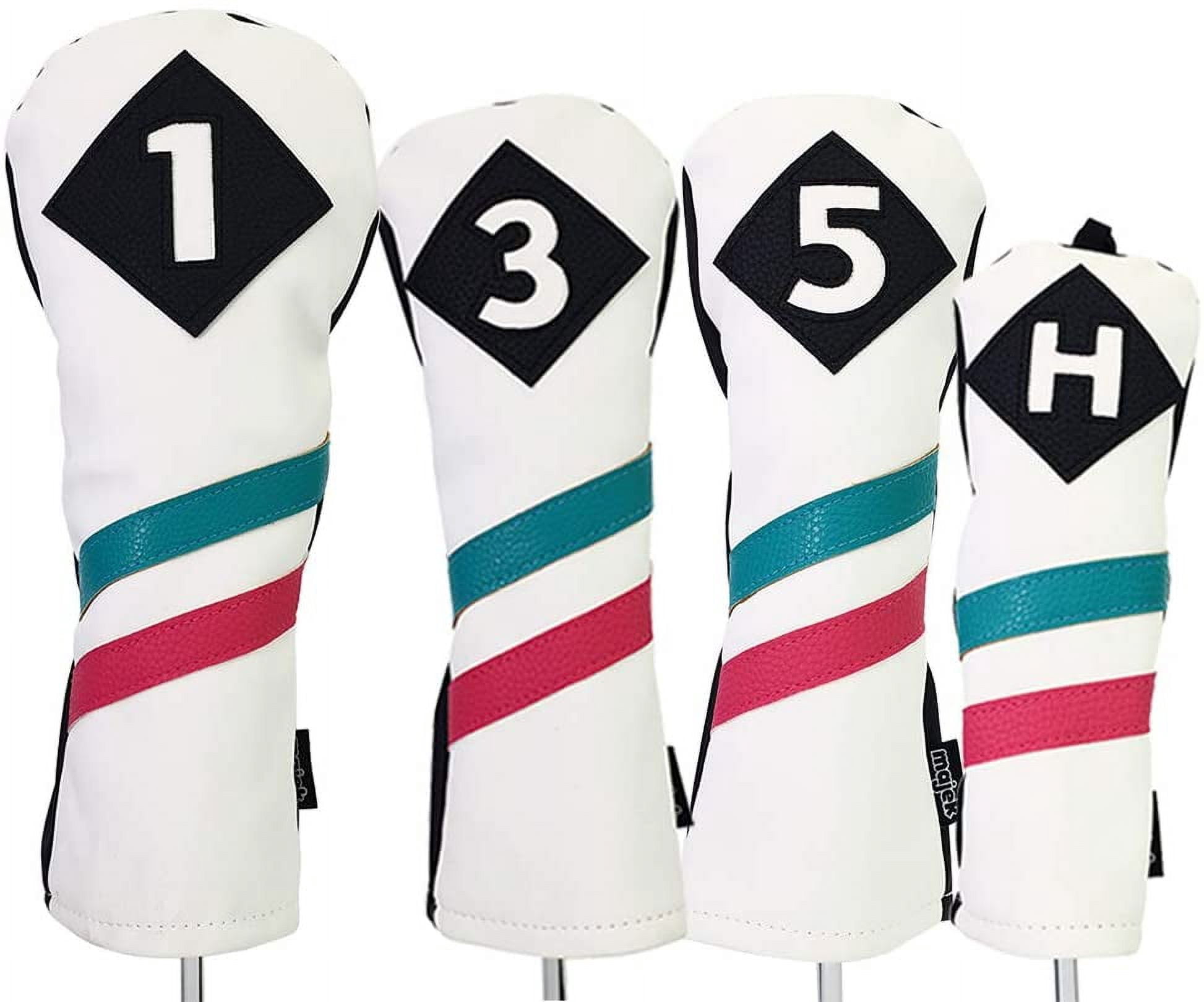 Majek Golf Vintage Headcovers White Seafoam Teal Pink Stripe Premium Retro Leather Style 1 3 5 H Driver Fairway Hybrid Head Covers Fits 460cc Drivers and Modern Metal Woods Custom Design in California
