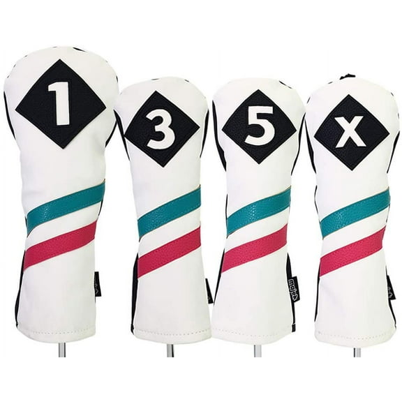 Majek Golf Vintage Headcovers White Seafoam Teal Pink Stripe Premium Retro Leather Style 1 3 5 X Driver Fairway Head Covers Fits 460cc Drivers and All Modern Metal Woods Custom Design in California