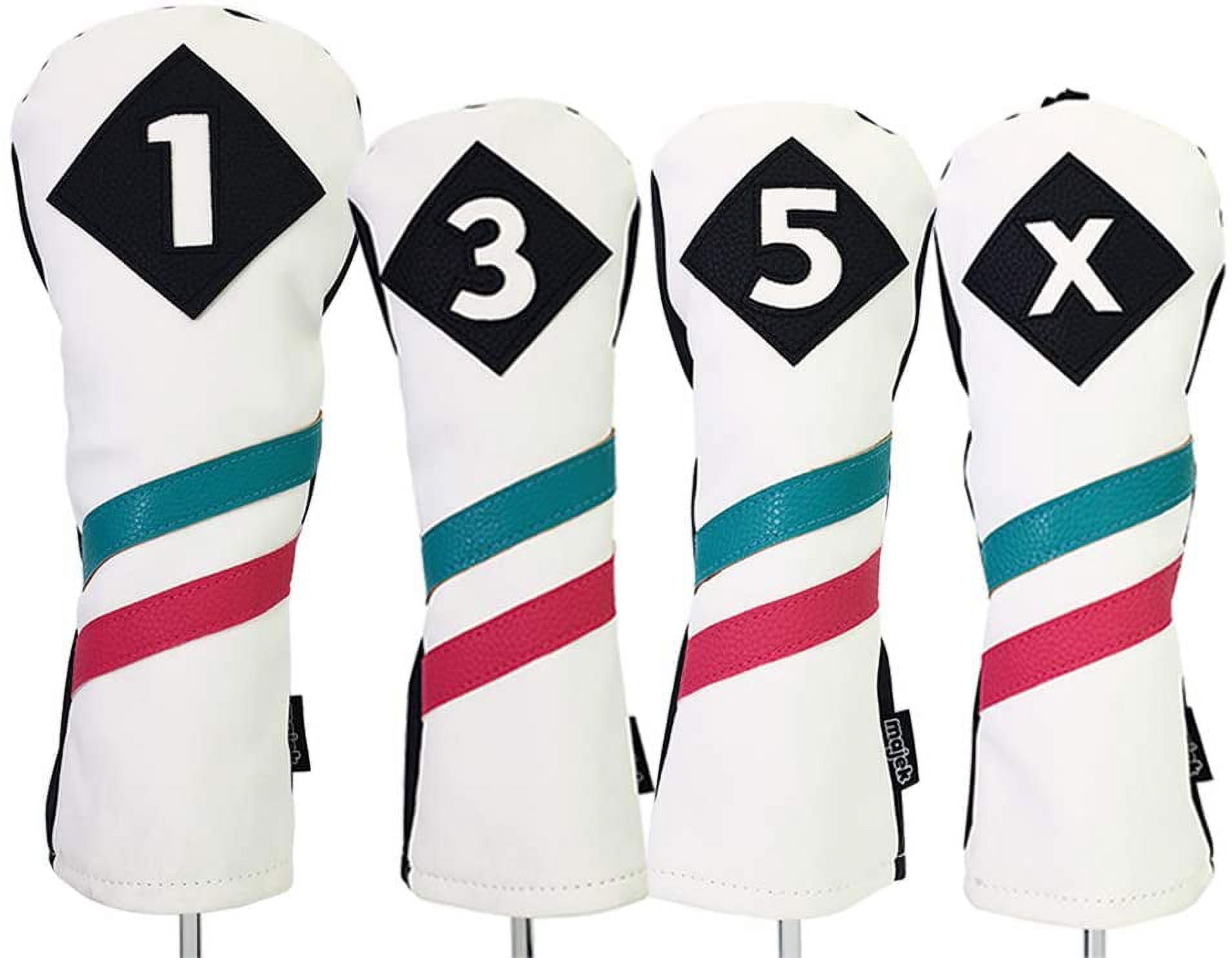 Majek Golf Vintage Headcovers White Seafoam Teal Pink Stripe Premium Retro Leather Style 1 3 5 X Driver Fairway Head Covers Fits 460cc Drivers and All Modern Metal Woods Custom Design in California
