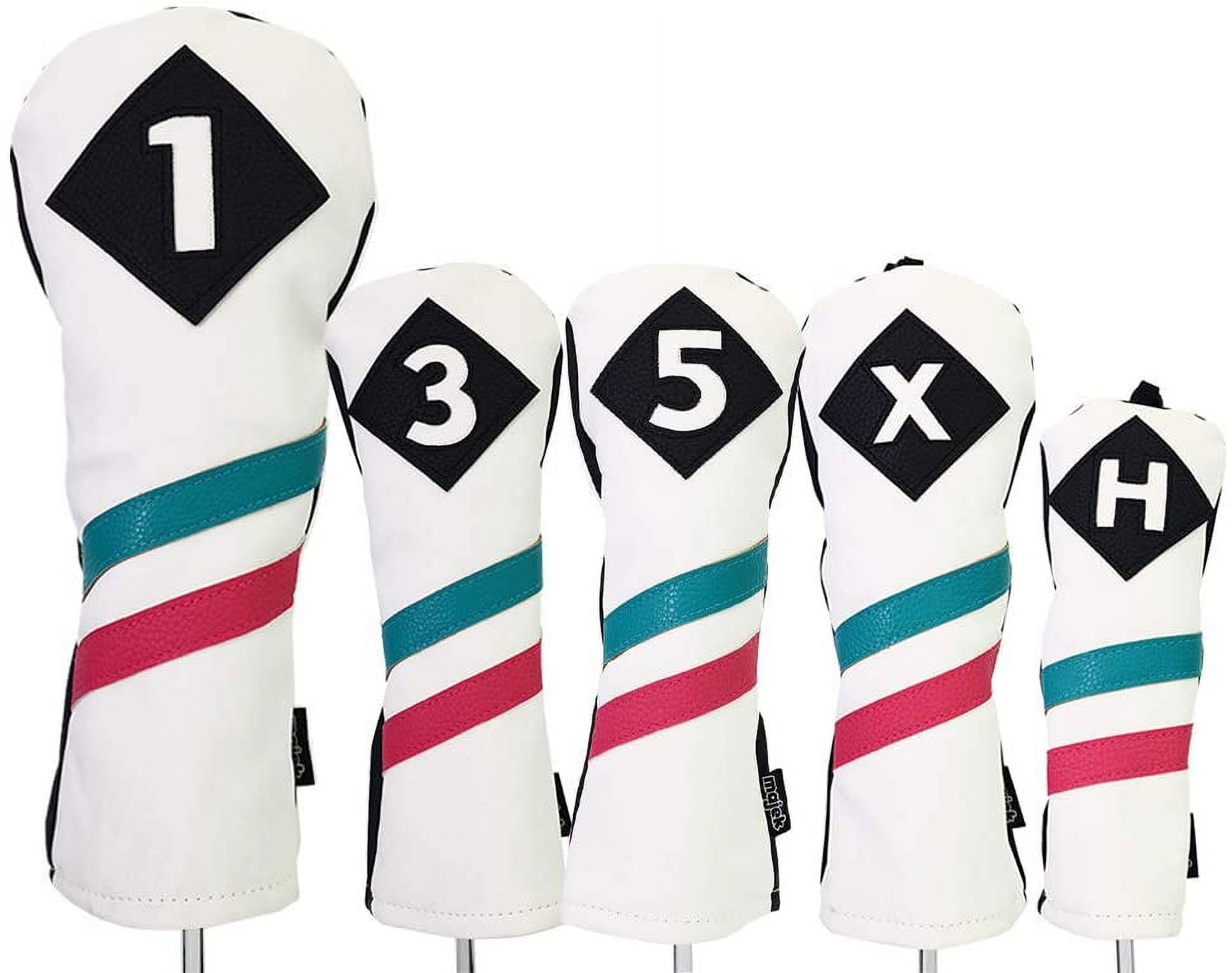 Majek Golf Vintage Headcovers White Seafoam Teal Pink Stripe Premium Retro Leather Style 1 3 5 X H Driver Fairway Hybrid Head Covers Fits 460cc Drivers & Modern Metal Woods Custom Design in California