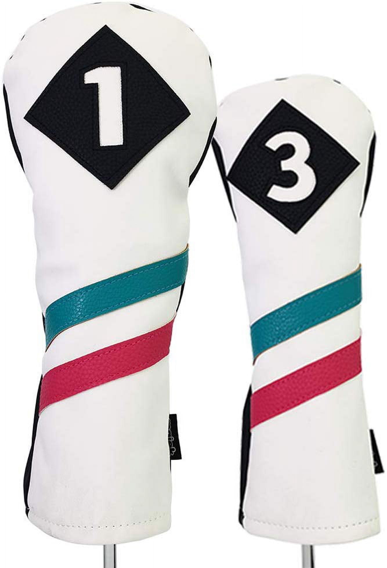 Majek Golf Vintage Headcovers White Seafoam Teal Pink Stripe Premium Retro Leather Style 1 & 3 Driver and Fairway Head Covers Fits 460cc Drivers and All Modern Metal Woods Custom Design in California