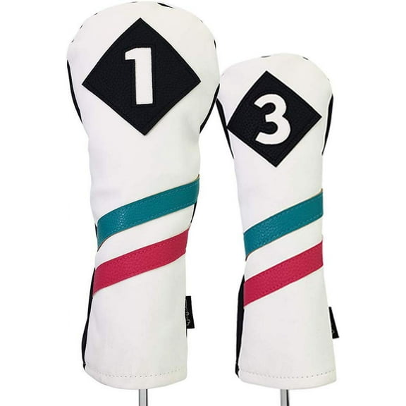 Majek Golf Vintage Headcovers White Seafoam Teal Pink Stripe Premium Retro Leather Style 1 & 3 Driver and Fairway Head Covers Fits 460cc Drivers and All Modern Metal Woods Custom Design in California