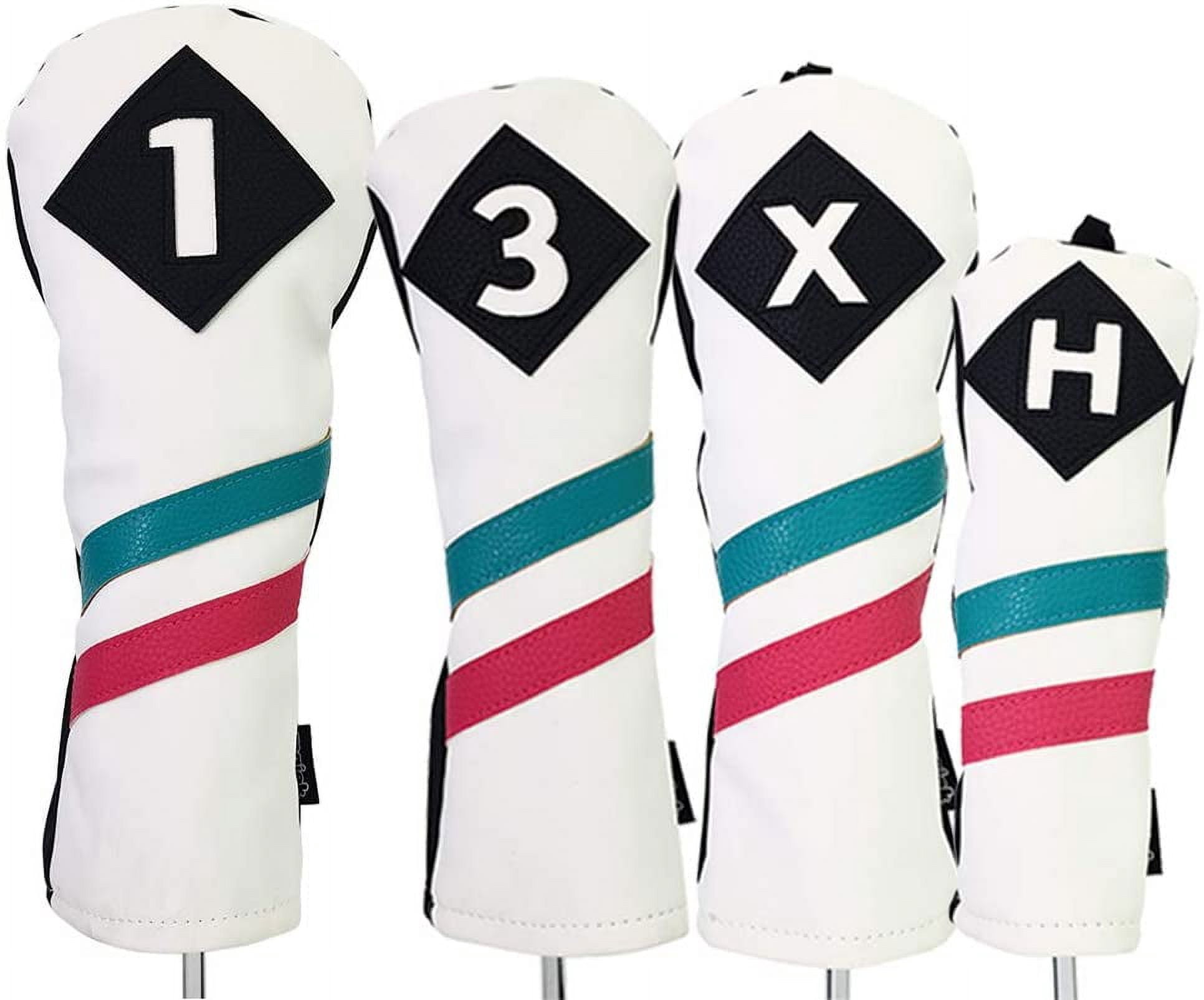 Majek Golf Vintage Headcovers White Seafoam Teal Pink Stripe Premium Retro Leather Style 1 3 X H Driver Fairway Hybrid Head Covers Fits 460cc Drivers and Modern Metal Woods Custom Design in California