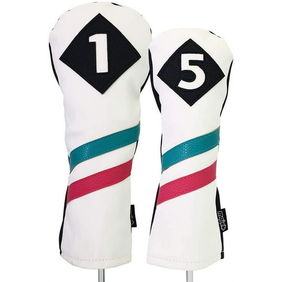 Majek Golf Vintage Headcovers White Seafoam Teal Pink Stripe Premium Retro Leather Style 1 & 5 Driver and Fairway Head Covers Fits 460cc Drivers and All Modern Metal Woods Custom Design in California