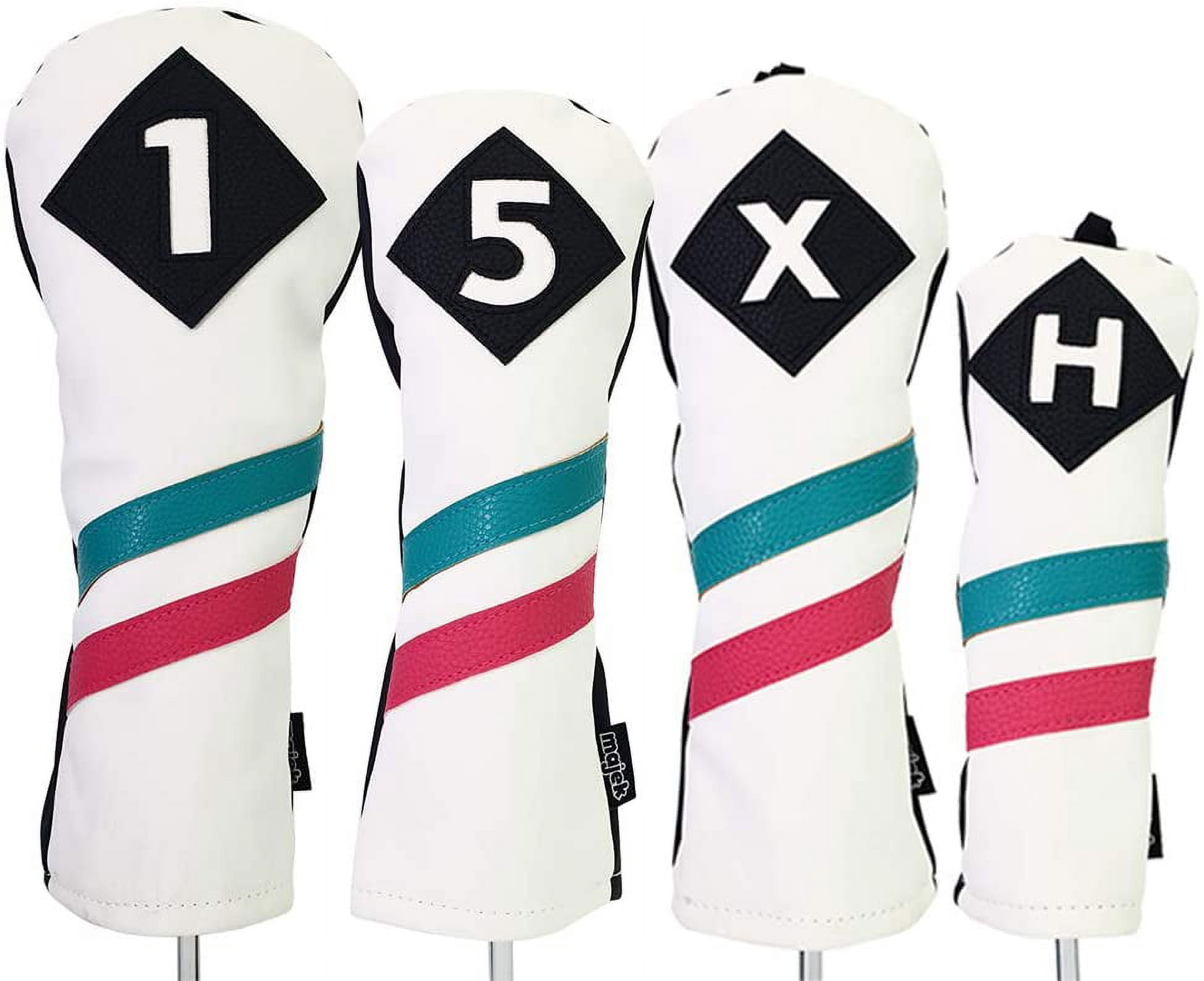 Majek Golf Vintage Headcovers White Seafoam Teal Pink Stripe Premium Retro Leather Style 1 5 X H Driver Fairway Hybrid Head Covers Fits 460cc Drivers and Modern Metal Woods Custom Design in California