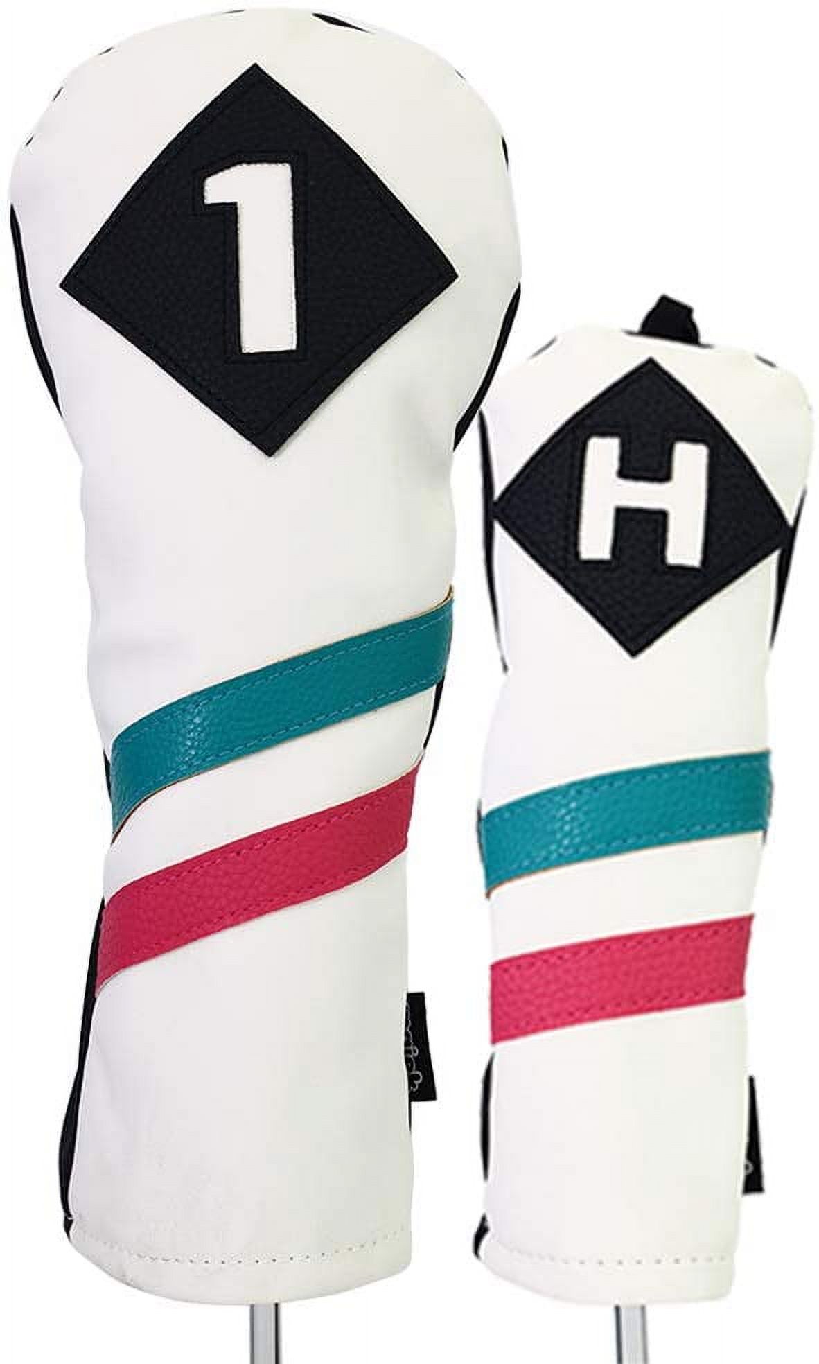 Majek Golf Vintage Headcovers White Seafoam Teal Pink Stripe Premium Retro Leather Style 1 & H Driver and Hybrid Head Covers Fits 460cc Drivers and all Modern Hybrids Custom Designs Made in California